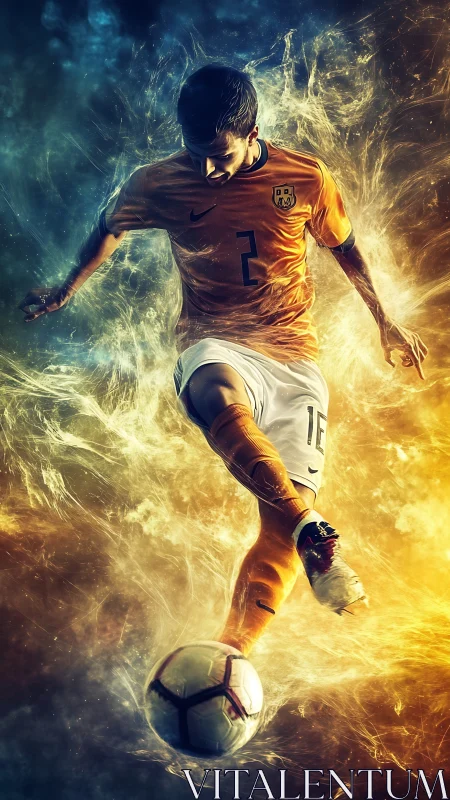 Soccer player explodes through swirling fire and smoke energy