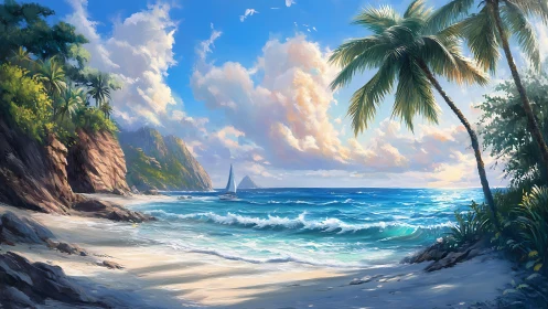 Tropical Coastal Paradise with Sailboat, Golden Light.