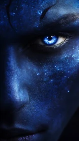 Star-dusted cosmic gaze carved in deep electric blue skin.