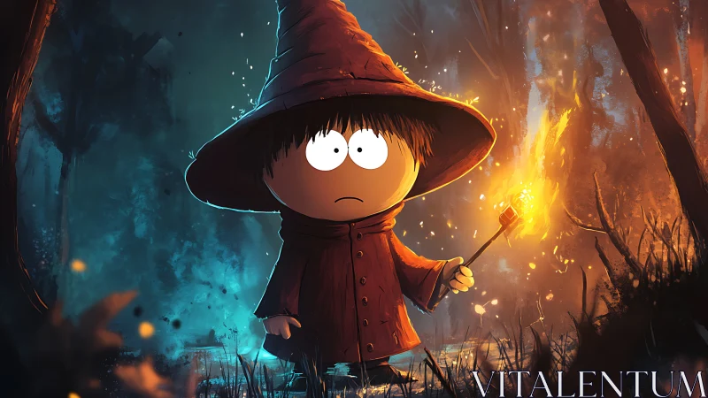 Cartoon robed figure in forest holding torch at night.