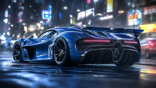 Electric blue hypercar slices through neon city rain.