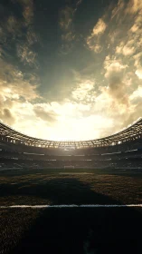 Sunlit football stadium awaits kickoff beneath glowing sky.