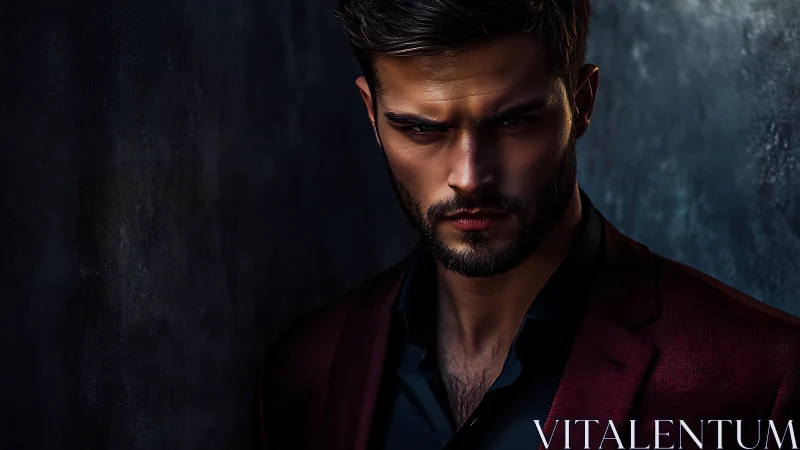 Bearded man in burgundy suit against dark textured wall.
