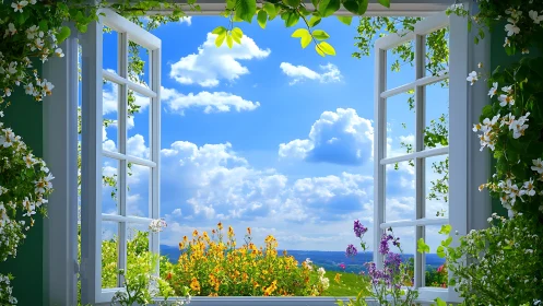 Open white-framed window overlooks garden and distant horizon
