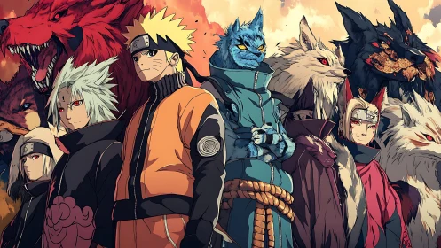 Ninja warriors stand aligned before colossal summoned beasts