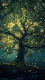 Enchanted forest tree glowing with floating fireflies.