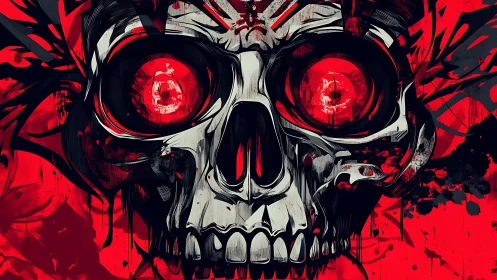 Crimson skull stares back with bold, electric red eyes