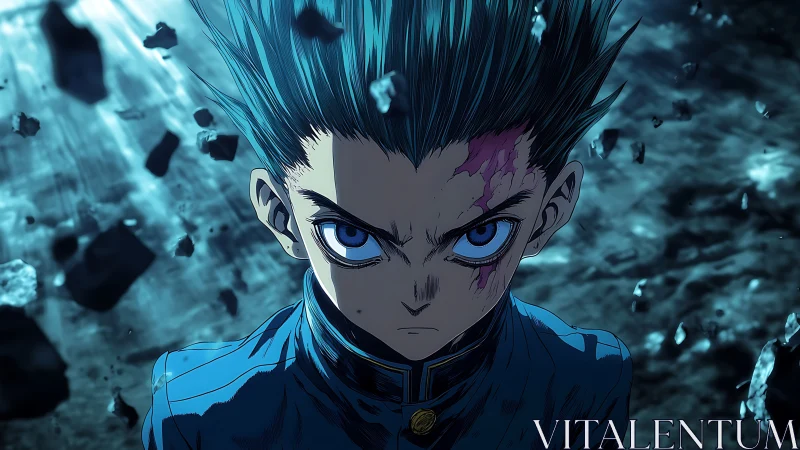 Defiant anime warrior channels blue energy amid chaos.