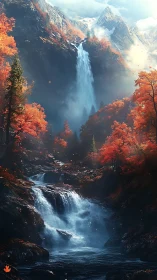 Mountain waterfall cuts through blazing autumn forest