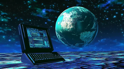 Retro terminal analyzes holographic planet in neon-lit cosmic seascape