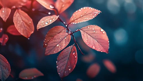 Raindrops glisten on vivid red leaves against teal bokeh.
