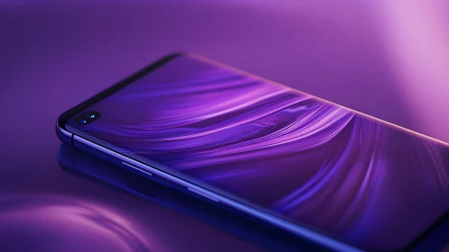 Sleek Modern Smartphone on Glossy Surface, Futuristic Purple Lighting.