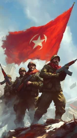 Bold soldiers stride forward under a sweeping red banner