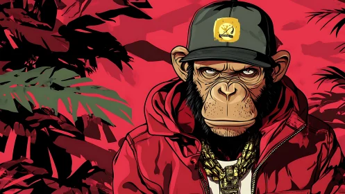 Stylized chimp in red jacket stares forward against jungle backdrop