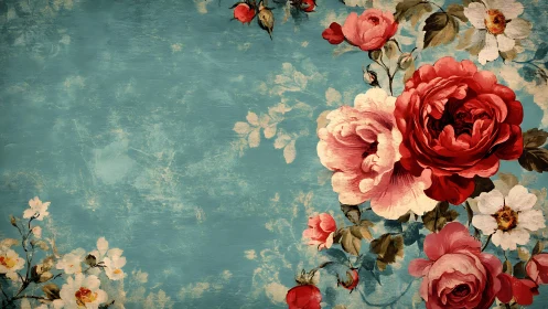 Digital floral vignette on distressed teal canvas ground.