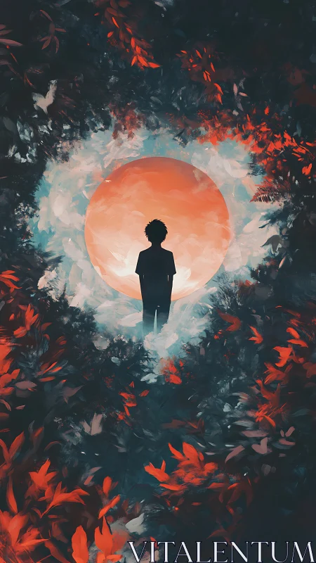 Silhouette before glowing moon amid red forest portal.