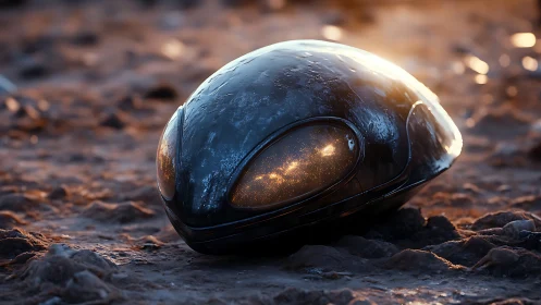 Elliptical metallic pod rests on wet rocky terrain at dusk