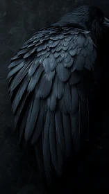 Close view of dark bird wing plumage on black background.
