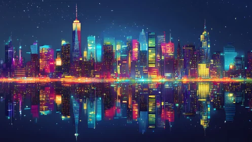 Neon city skyline reflects across calm nighttime water surface