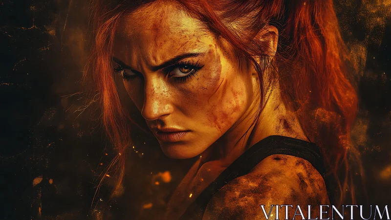 Fiery warrior gaze burns through swirling sparks and shadows