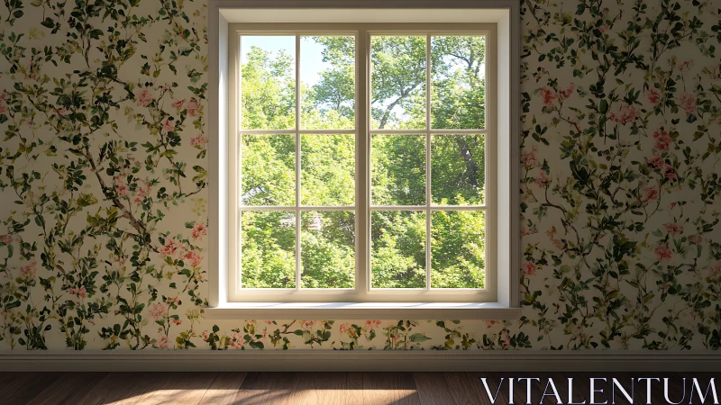 Interior window view framed by floral patterned wallpaper.