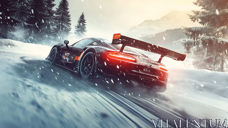 GT race car countersteers through icy mountain hairpin in dynamic drift