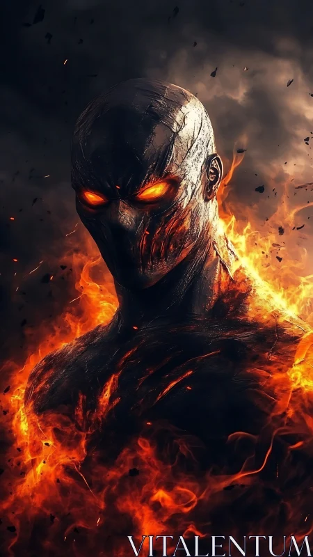 Flaming humanoid figure stands in dark smoke-filled environment