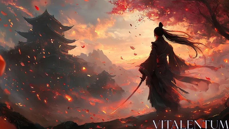 Lone samurai stands before misty temple at fiery sunset.