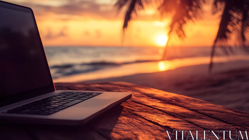 Ultrabook on rustic beach table at vivid tropical sunset seascape