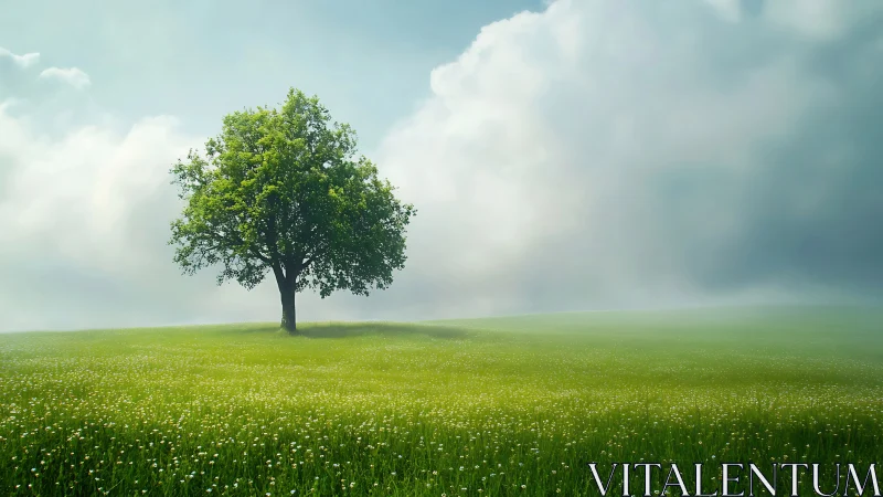 Lone green tree centered on wide misty meadow landscape.
