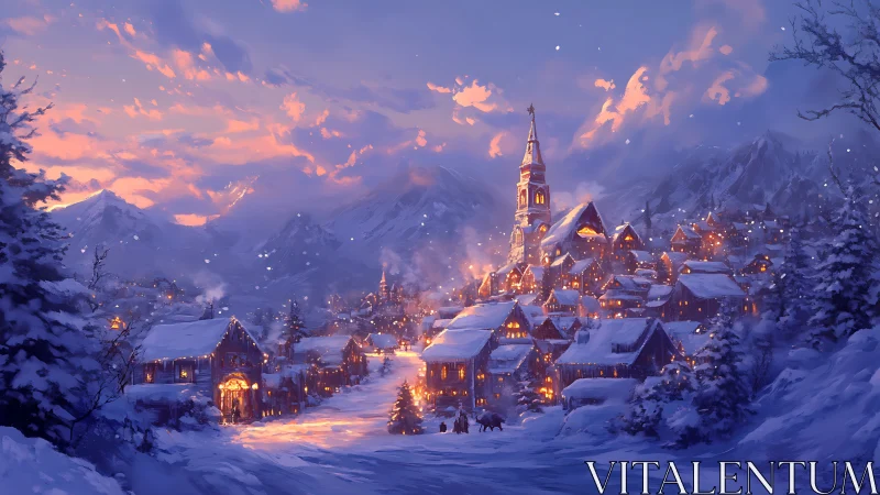 Snowbound alpine village glowing under winter dusk sky.