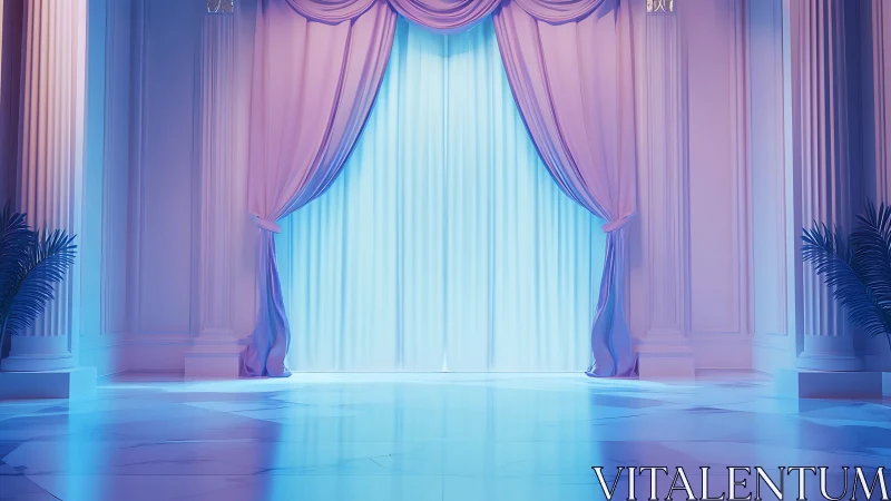 Dreamy pastel ballroom doorway glowing with soft blue light.