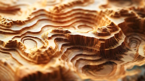 Wooden layered terrain model shows carved topographic relief