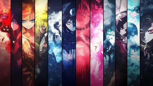 Anime character collage with dramatic color-split panels.