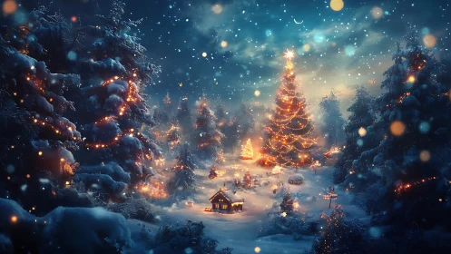 Enchanted forest glows around a towering Christmas tree
