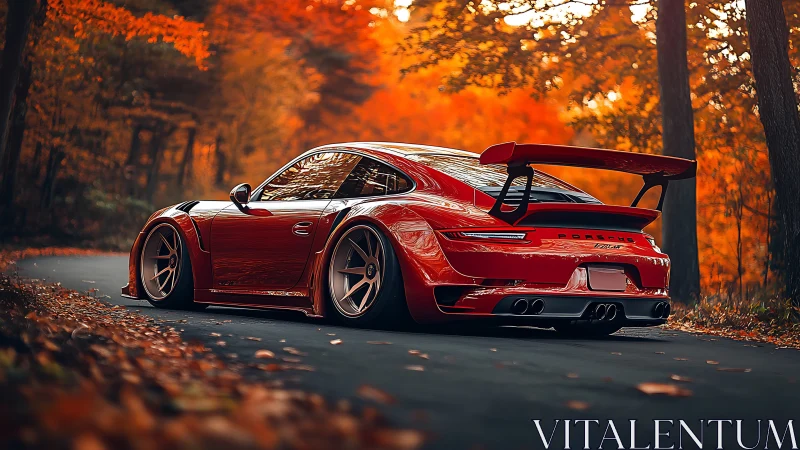 Red sports coupe on forest road in autumn foliage setting.
