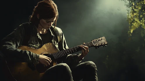 Solitary young guitarist under diffused forest edge spotlight