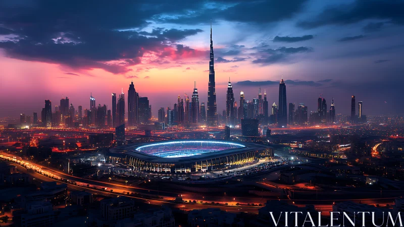 Modern illuminated stadium under futuristic city skyline.