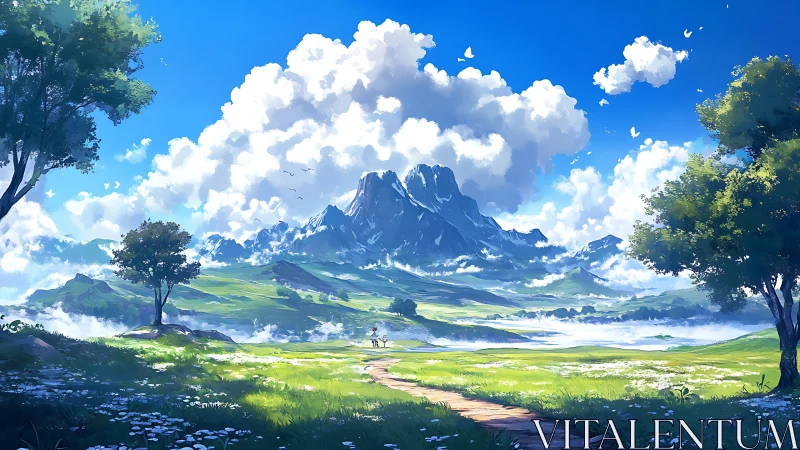 Digital painting landscape with central alpine massif focus.