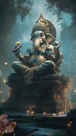 Mystical Ganesha statue in rain-soaked forest shrine at dusk.