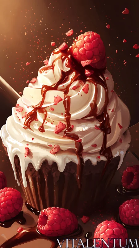 Chocolate cupcake with raspberries and cream topping observed.