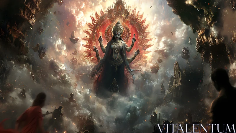 Multi-armed deity amid collapsing sky temples in clouds.