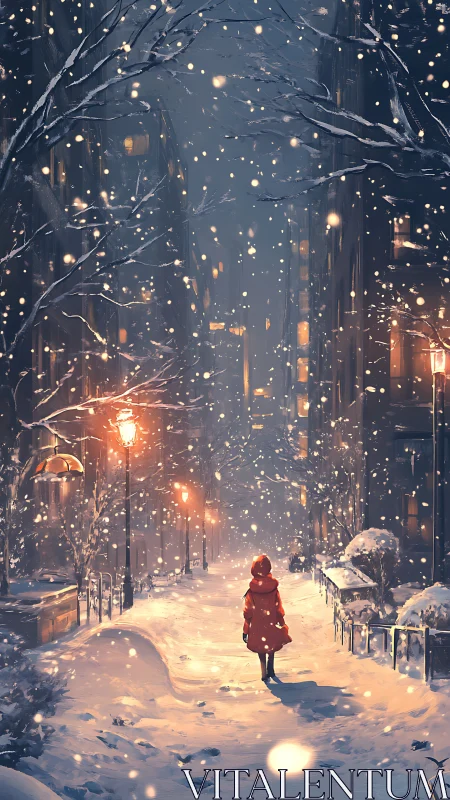 Snowy city street with lone figure in red coat at night.