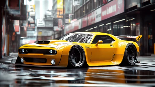 Widebody yellow muscle car render on wet neon city street