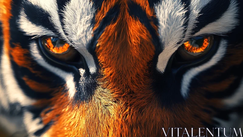 Ember-eyed tiger gaze blazing through molten twilight fur.