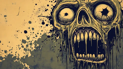 Grim dripping skull bursting from a wild inky nightmare.