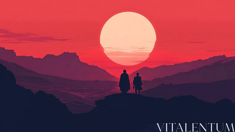 Silhouetted travelers watch colossal sun over crimson range