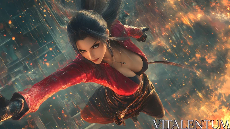 Determined warrior woman diving through fiery cityscape.