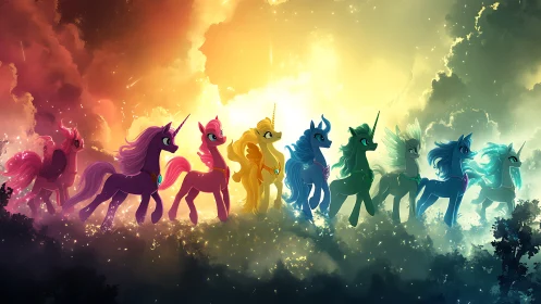 Radiant unicorn procession crossing a glowing fantasy sky.