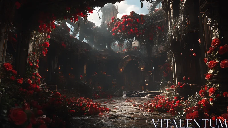 Enchanted rose-filled ruins glowing with quiet romance.